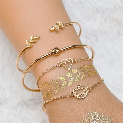 Trendy Leaves Knot Round Chain Open Bracelet Set (4 pcs )